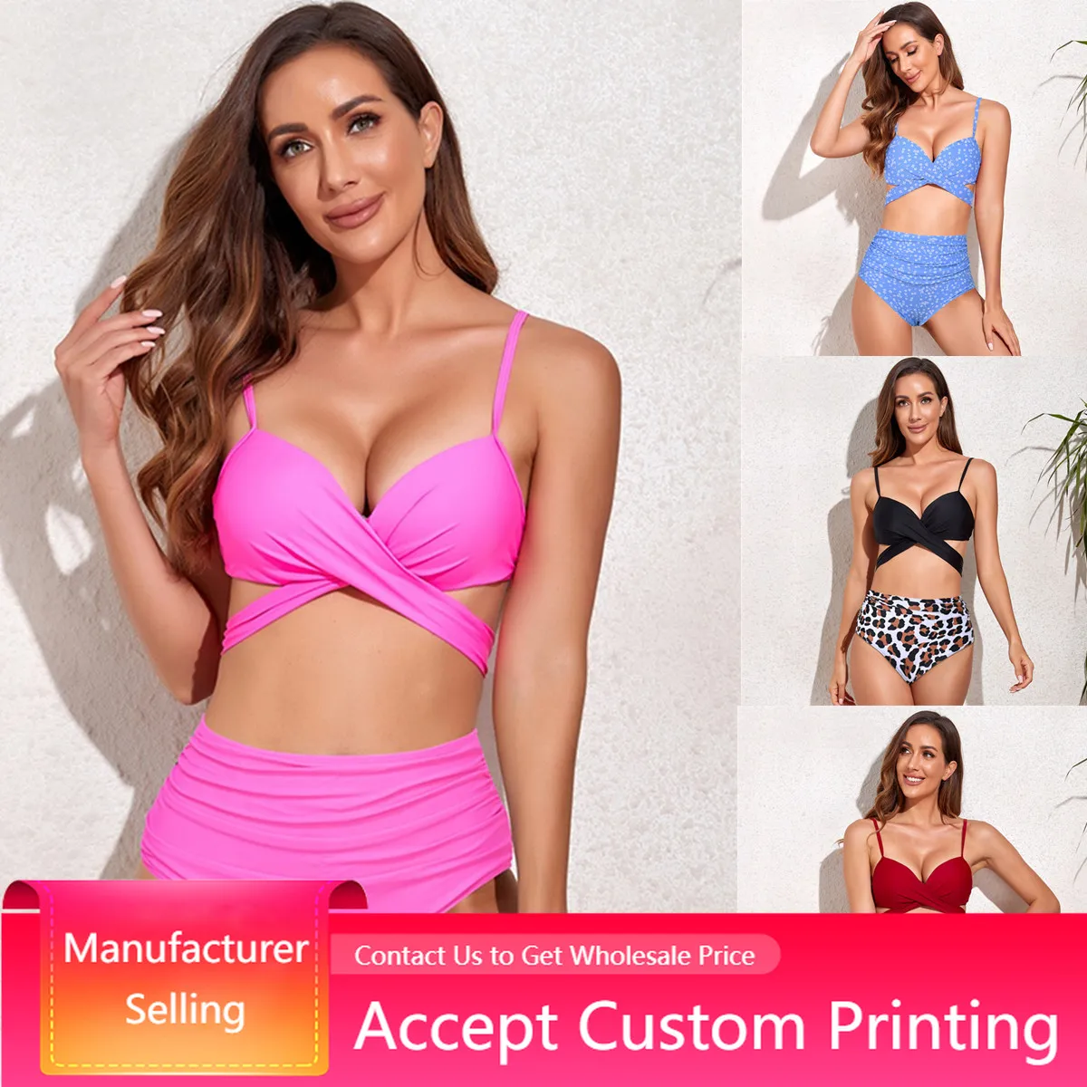 

2-piece Swimwear Summer Sexy High Waist Womens Swimsuits Push-up Bandage Bikini Print Ruched Swim Bottoms Bathing Sets