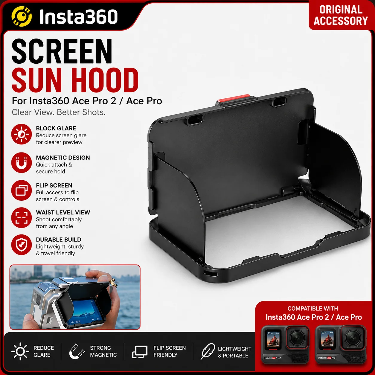 Insta360 Ace Pro 2 Ace Pro Screen Sun Hood Magnetic Shade Cover Flip Screen Viewfinder Anti-Glare Camera Accessory