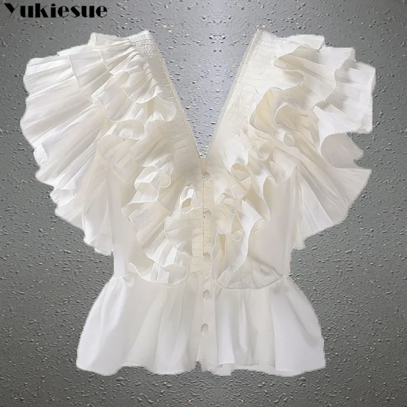 

Женская футболка, новинка лета 2023, корейское издание, тонкая рубашка с v-образным вырезом, красный топ без рукавов с гофрированными рюшами, тонкий сладкий шикарный Tide