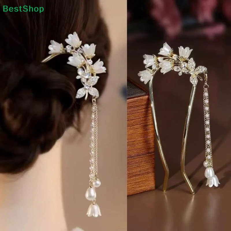 〔R〕Elegant Floral Hair Fork - Crystal & Pearl Tassel Hairpin for Bun Updo & Formal Occasions