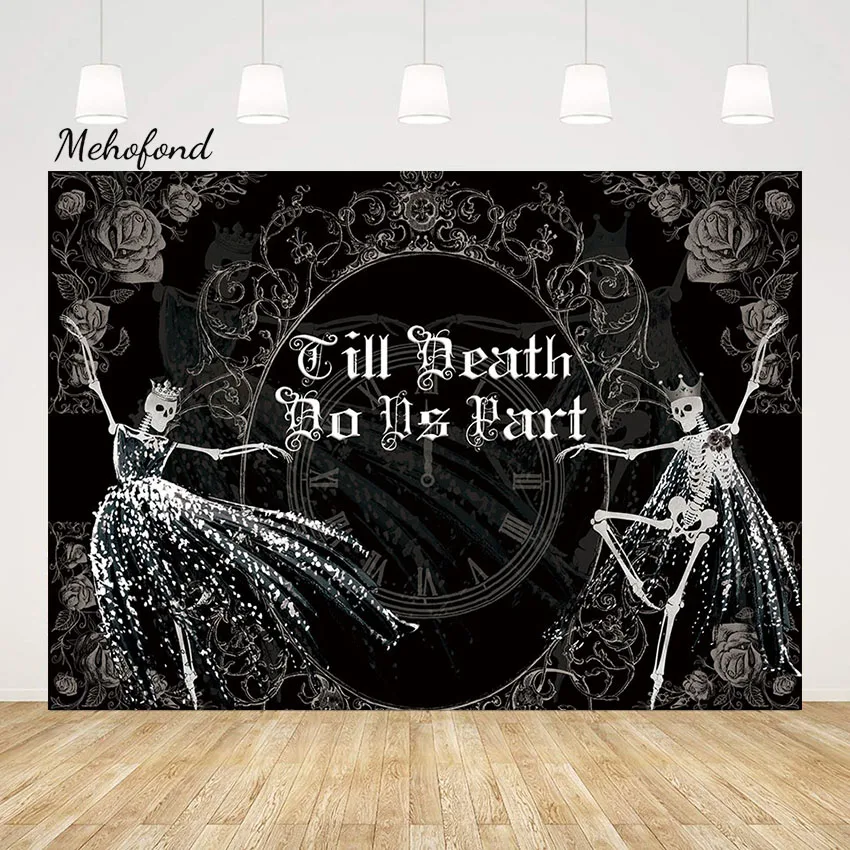 Mehofond Halloween Decor Till Death Do Us Part Photography Backdrops Skeleton Clock Bridal Groom Anniversary Party Background