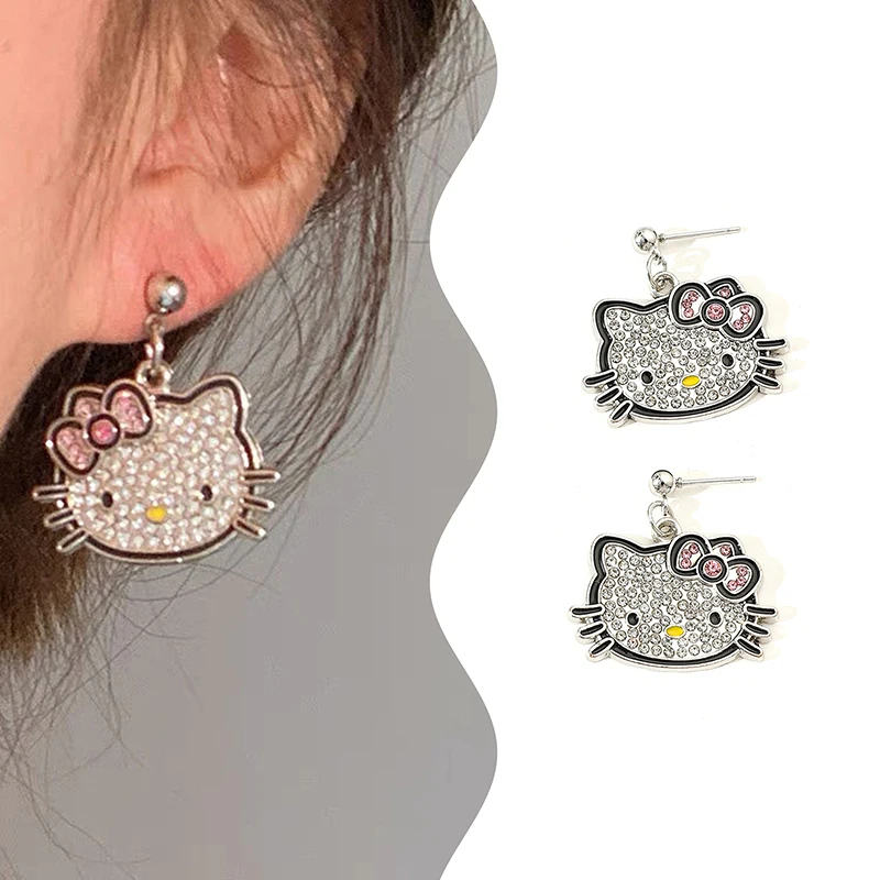 1Pair Sanrio Cartoon Rhinestone Hello Kitty Earrings Sweet Cute Cat Stud Earrings For Girl All-match Ear Jewelry Friends Gifts