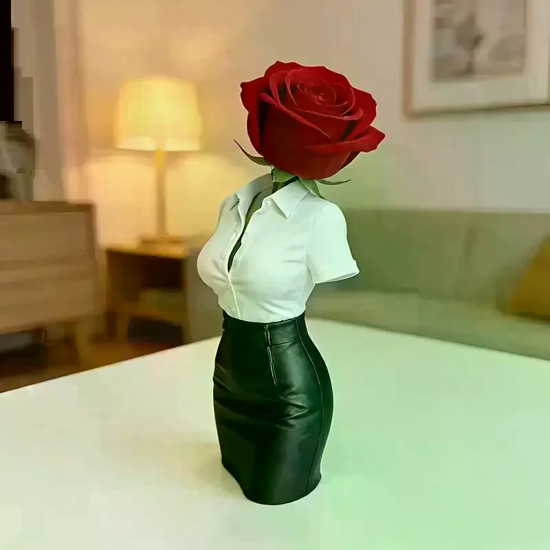 3D Printed Creative Ornament, White Shirt & Leather Skirt Office Lady Half-Body Statue, Desktop Stress Relief Decor