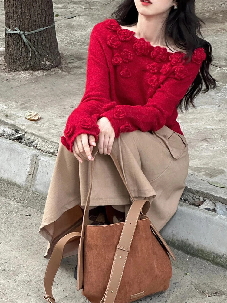 Retro Red Three-dimensional Rose Knitted Sweater Ladies 2024 Winter New Casual Women's Slimming Off-the-shoulder Knitted Tops