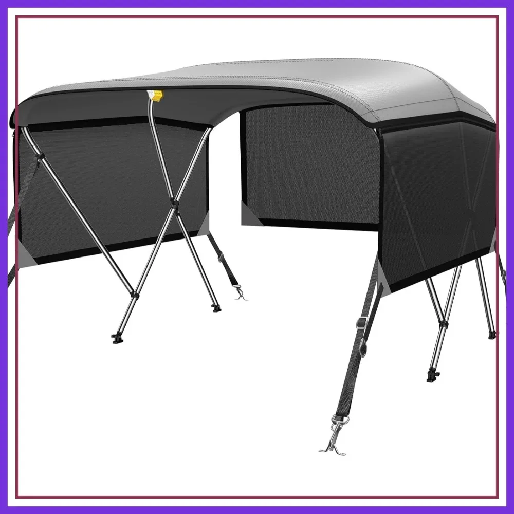 

3 4 Bow Bimini Tops for Boats with 3 Mesh Sidewalls, Rear Support Poles, Straps, Storage Boot - Dark Gray