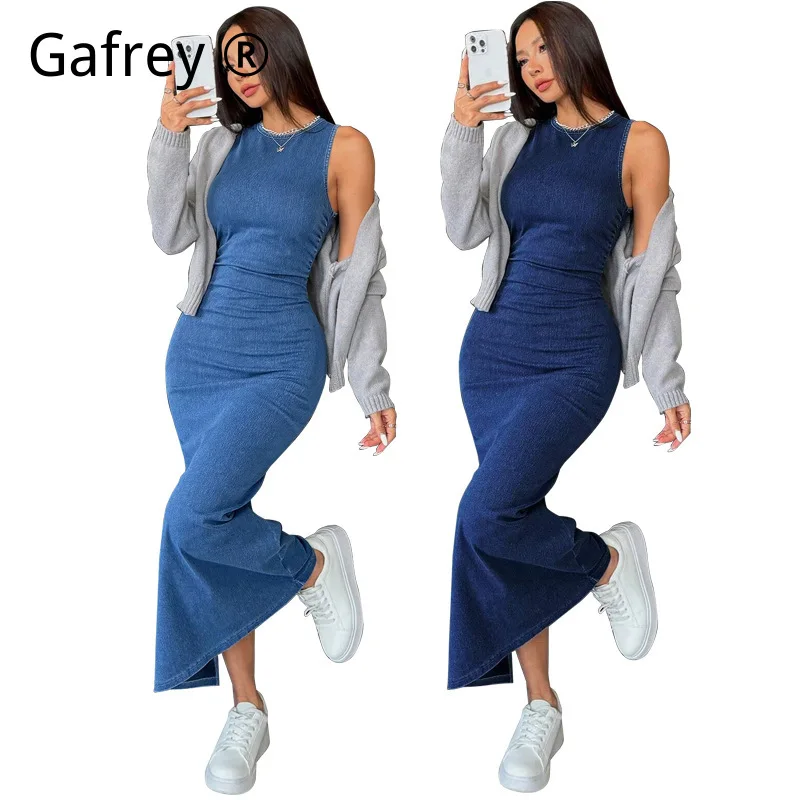 

Plus Size Denim Dress Sleeveless Round Neck Bodycon Fitted Short Denim Mini Dress, Casual Summer Party Clubwear for Women