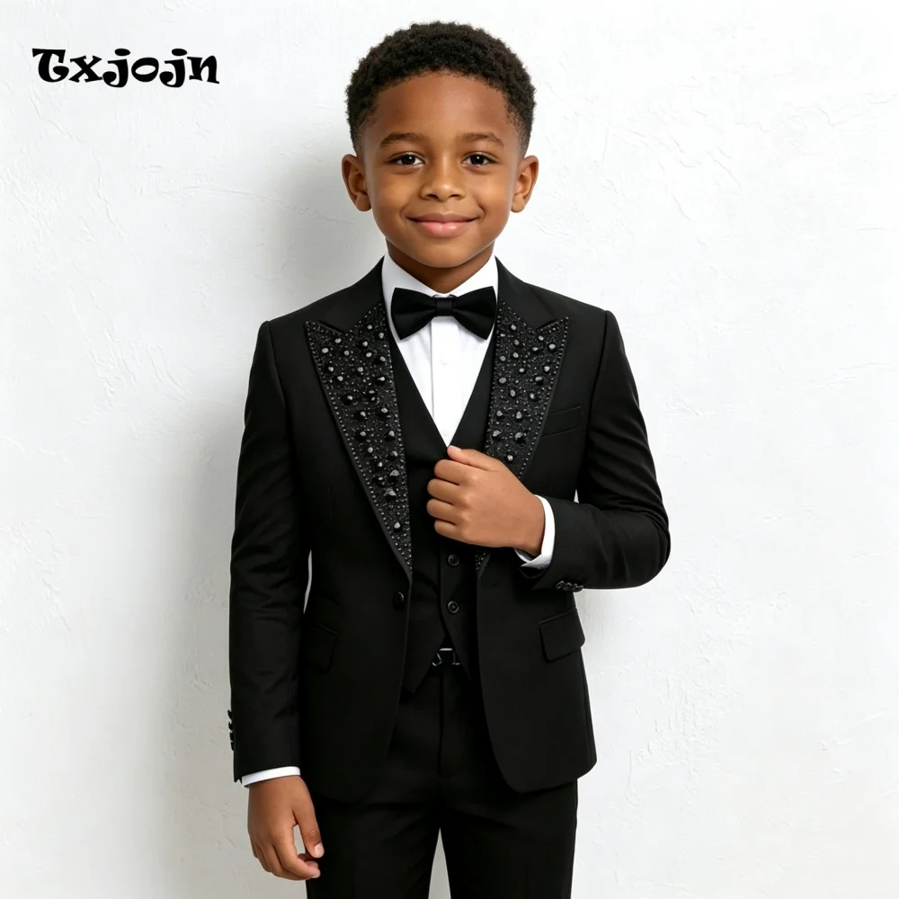 Black Suit for Boys Evening Party Tuxedo Kids Wedding Beaded Crystals Suit 3 Piece Boy Suit Jacket Pants Vest Formal Prom Dress