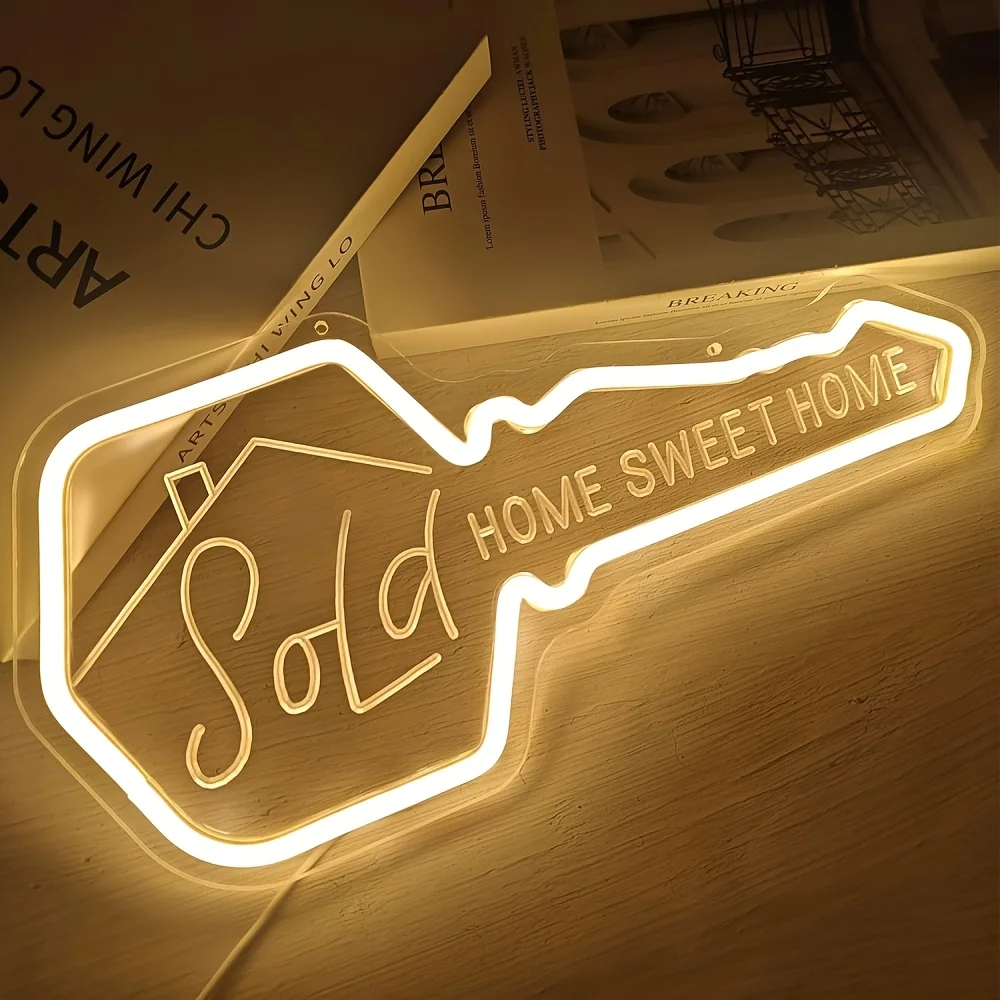 Sold Home Sweet Home Key Neon Sign - Acrylic LED Wall Art, USB Power, Housewarming Gift for Realtors, Housewarming Party Decor
