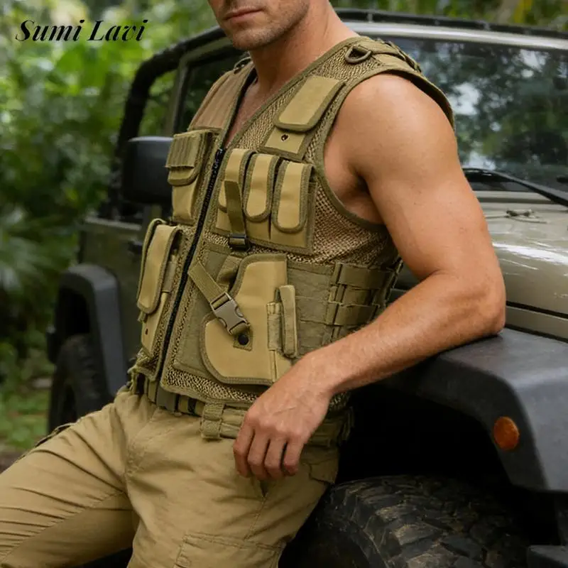 

Mens Tactical Vest Mesh Breathable Wearable Outdoor Training Duty Protection Equipment Multi Pockets Patchwork Cargo Vest Jacket
