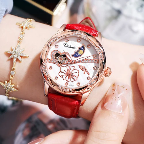 Imagen 2 del producto Relojes mecánicos automáticos de estilo de moda para mujer, mariposa giratoria, fase lunar, luminoso, oro rosa, resistente al agua, reloj para mujer