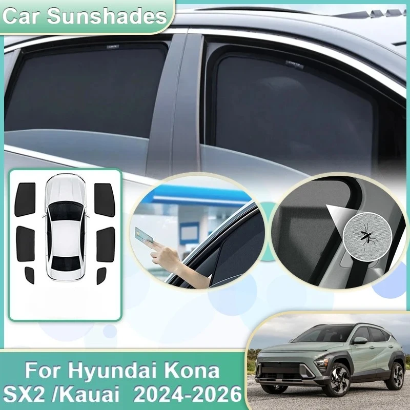 سيارة شبكة الشمس الظل لشركة هيونداي كونا 2024 اكسسوارات Kauai SX2 MK2 2024 2025 2026 المغناطيسي الشمسيات الزجاج الأمامي نافذة أقنعة #2