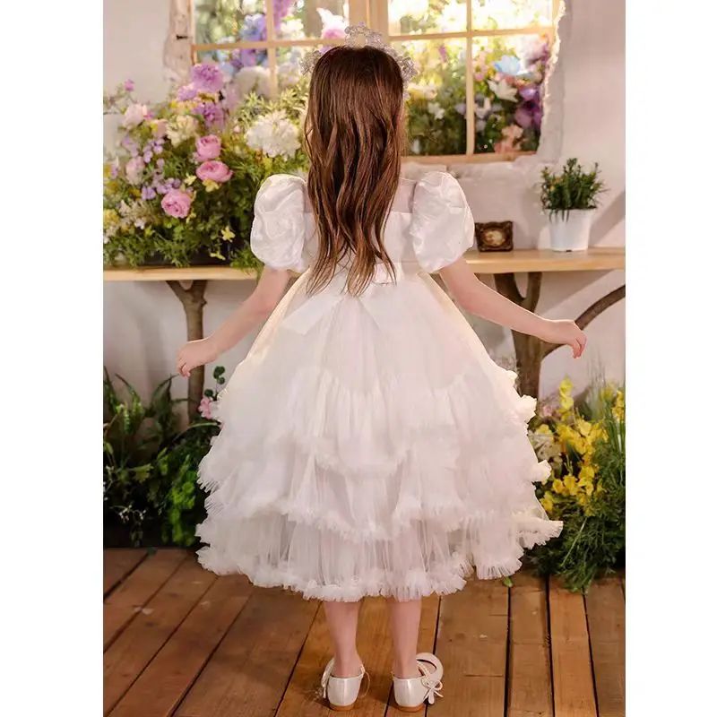 Jill Wish J004 robe de fille de fleur blanche élégante dentelle gonflée princesse enfants longueur de thé mariage 1er anniversaire robe de bal de fête de concours