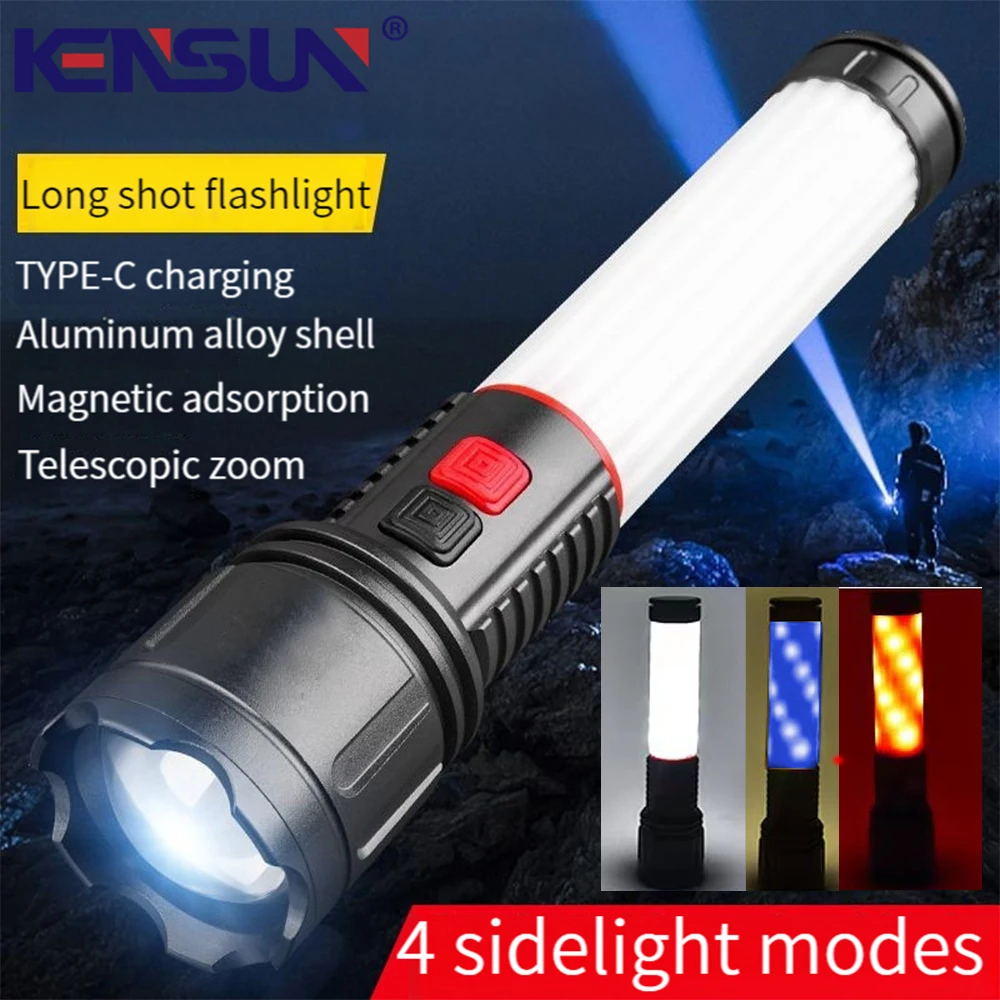 Long Range LED Flashlight Rechargeable Zoom Torch Powerful Spotlight Lamp With Magnet Camping Lantern Built in Li-Battery