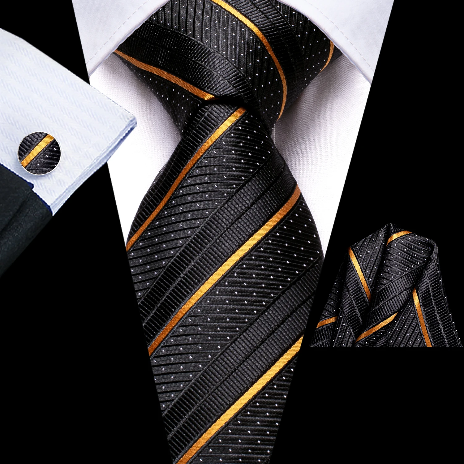 Black Stripes Men Tie Handkerchief Cufflinks Set Necktie for Man Male Wedding Business Ties Formal Dad Husband Gift