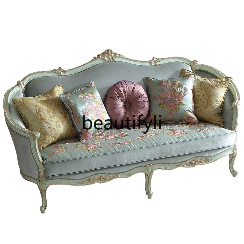 

French court style fabric sofa combination beech light luxury retro style solid wood carving flower