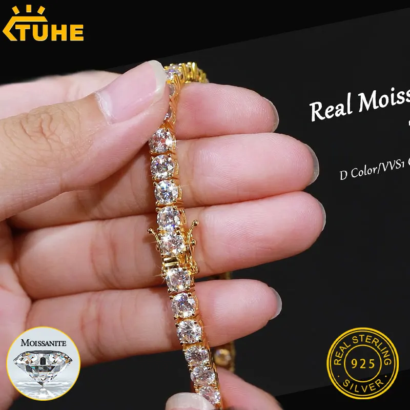 TUHE Hip Hop Unisex Moissanite Tennis Chain For Women Men S925 Sterling Silver Moissanite Bracelet Necklace Wedding Jewelry
