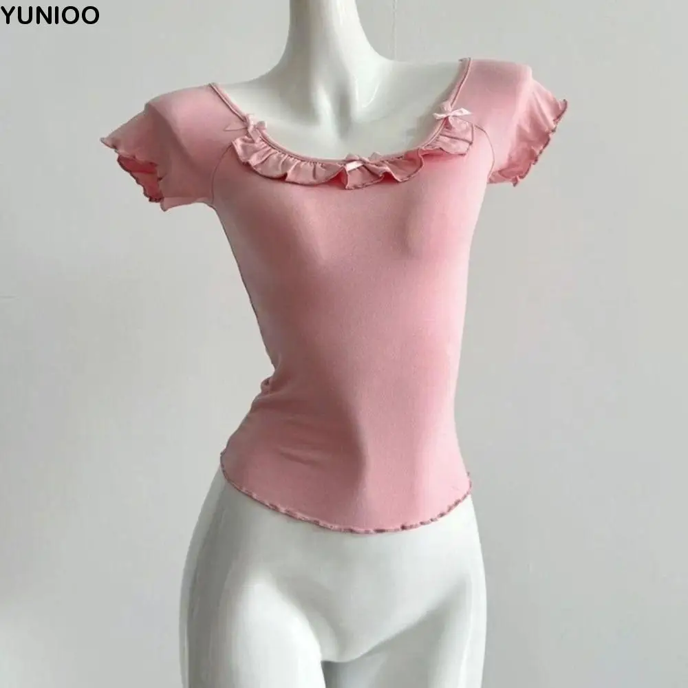 

Милая футболка с короткими рукавами и рюшами и бантом, пуловер с U-образным вырезом, футболки с милым бантом, уличная одежда, шикарная футболка с накладками на грудь, лето