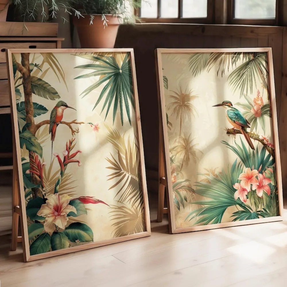 2 Frameless Retro Plant Bird Posters,Tropical Flower Plant Prints,Retro Decoration,Exotic Flower Decoration,living Room Decor