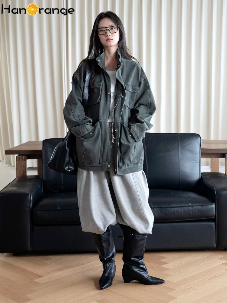 Women Safari Style Cargo Jacket Heavy Weight Stand‑Collar Army Green Washed Pure Cotton Loose Layering Outerwear