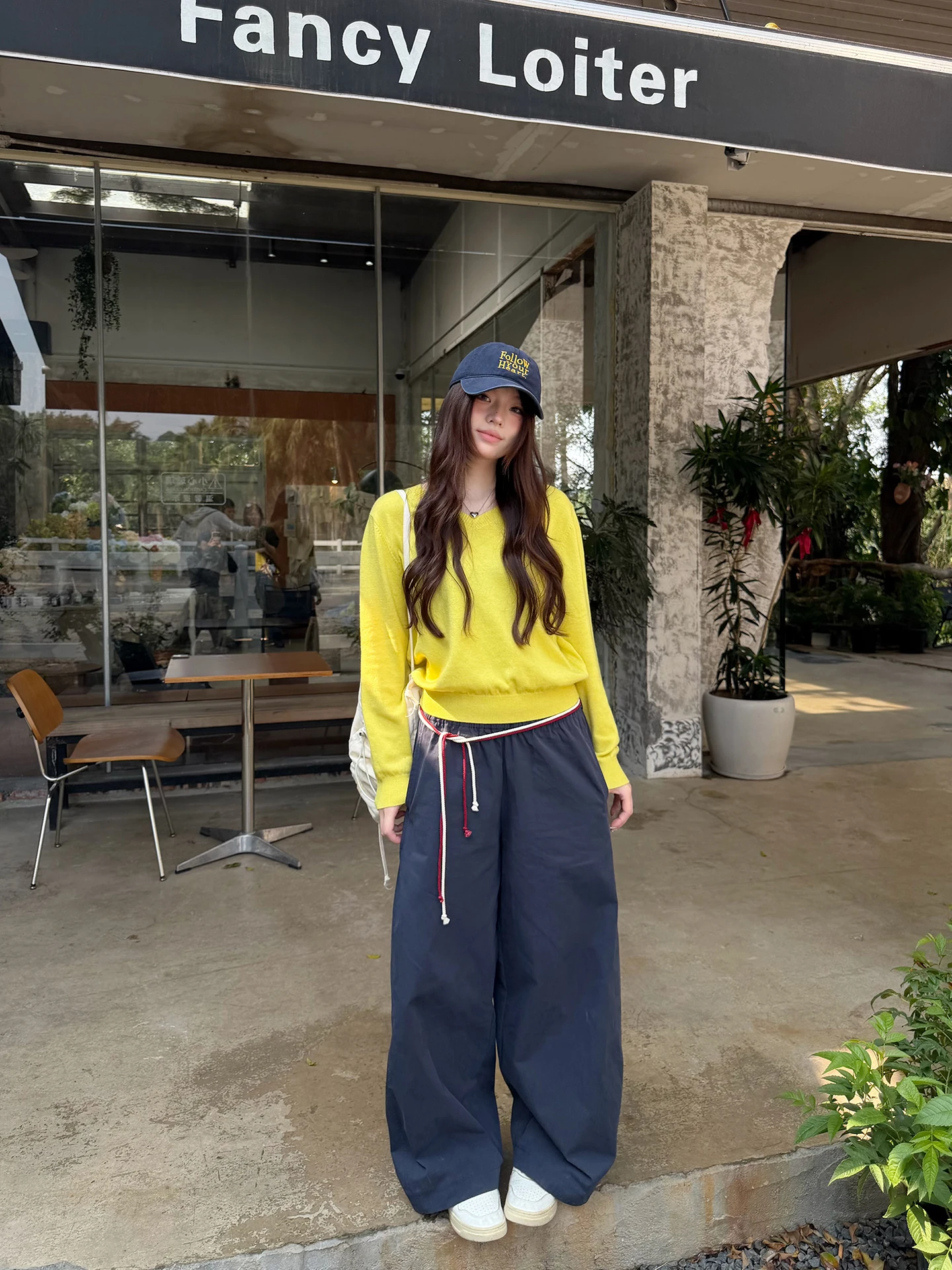 

Casual Dstring Wide Leg Pants Straight Cut Blue Color Women's High Waist Elastic Cotton Korean Sle Commute Faion