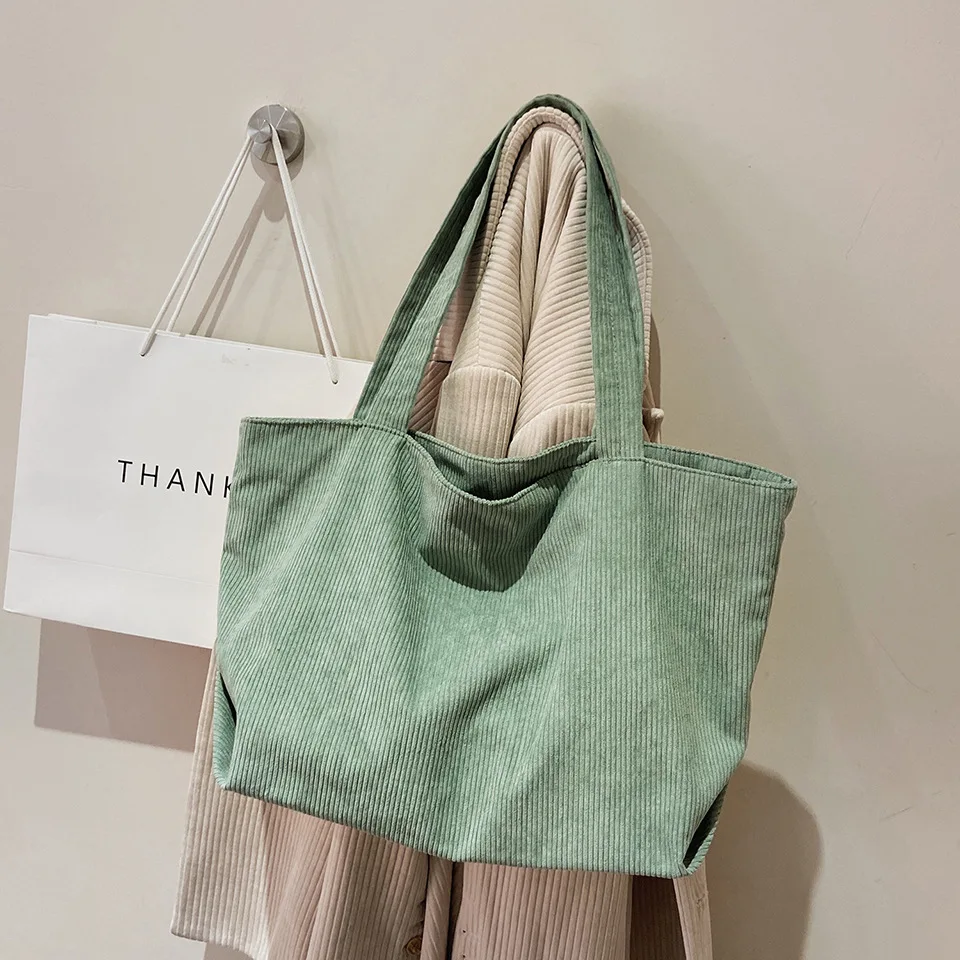 Corduroy Women\'s Tote Shoulder Bag Reusable Girls Shopping Bags Large Shopper Zipper Handbags Solid Color Messenger Bag