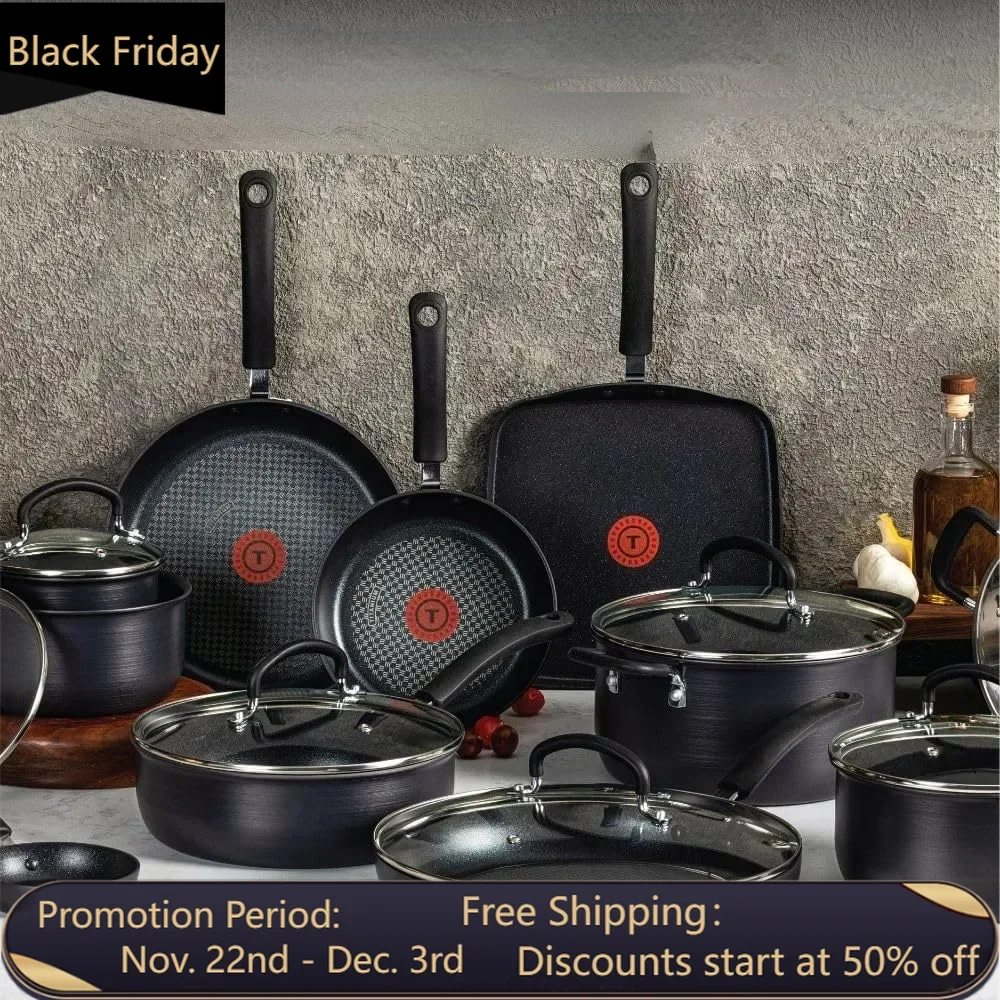 Ultimate Hard Anodized Nonstick Cookware Set 17 Piece, Oven Broiler Safe 400F, Lid Safe 350F, Kitchen Cooking Set w/ Fry Pans