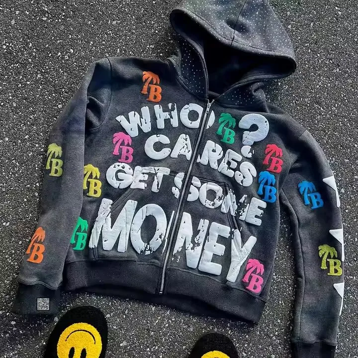 

Y2K trendy American alphabet pattern loose casual comfortable hooded zipper retro sweater jacket top