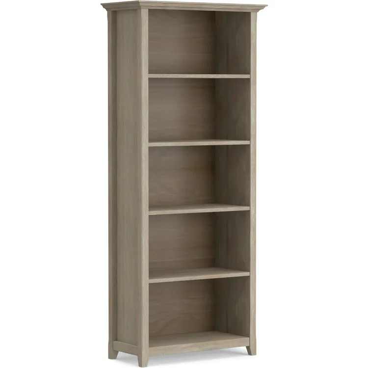 Amherst SOLID WOOD 30 Inch Transitional 5 Shelf Bookcase in Distressed Grey, For the Living Room, Study Room and Office