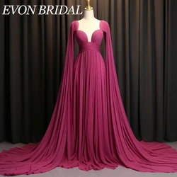 EVON BRIDAL Long Cape Sleeves Evening Dresses Fuschia A-Line فستان سهره Elegant Saudi Arabia Women Wedding Praty Gowns Formal