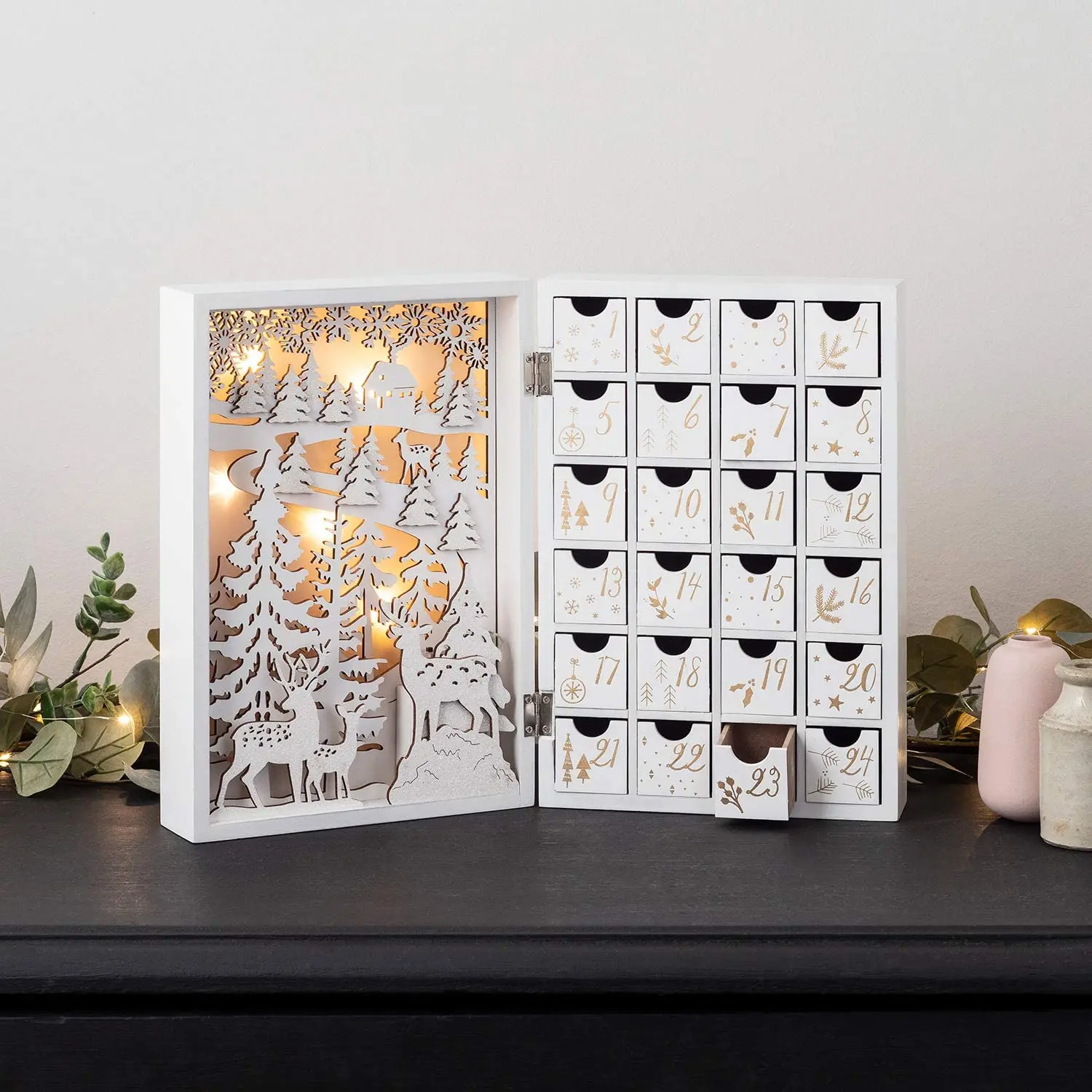 

Wooden gift box 24 days countdown wooden Christmas scene led ornament book Shape Wood Advent Calendar