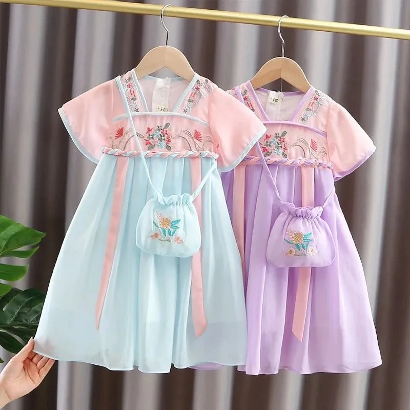 Hanfu-vestido de verano para niña, traje Tang de manga corta, ropa de estilo chino para bebé, vestido antiguo para niños