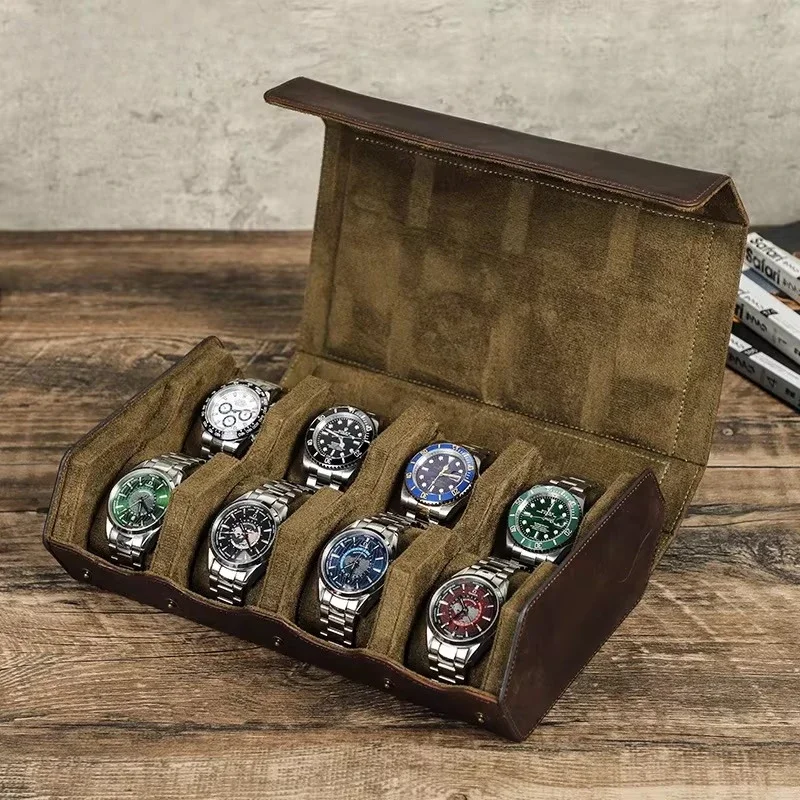 Handmade Leather Watch Box for 8 Slots, Vintage Diamond Pattern Display Case, Portable Organizer for Men's Watch Collection