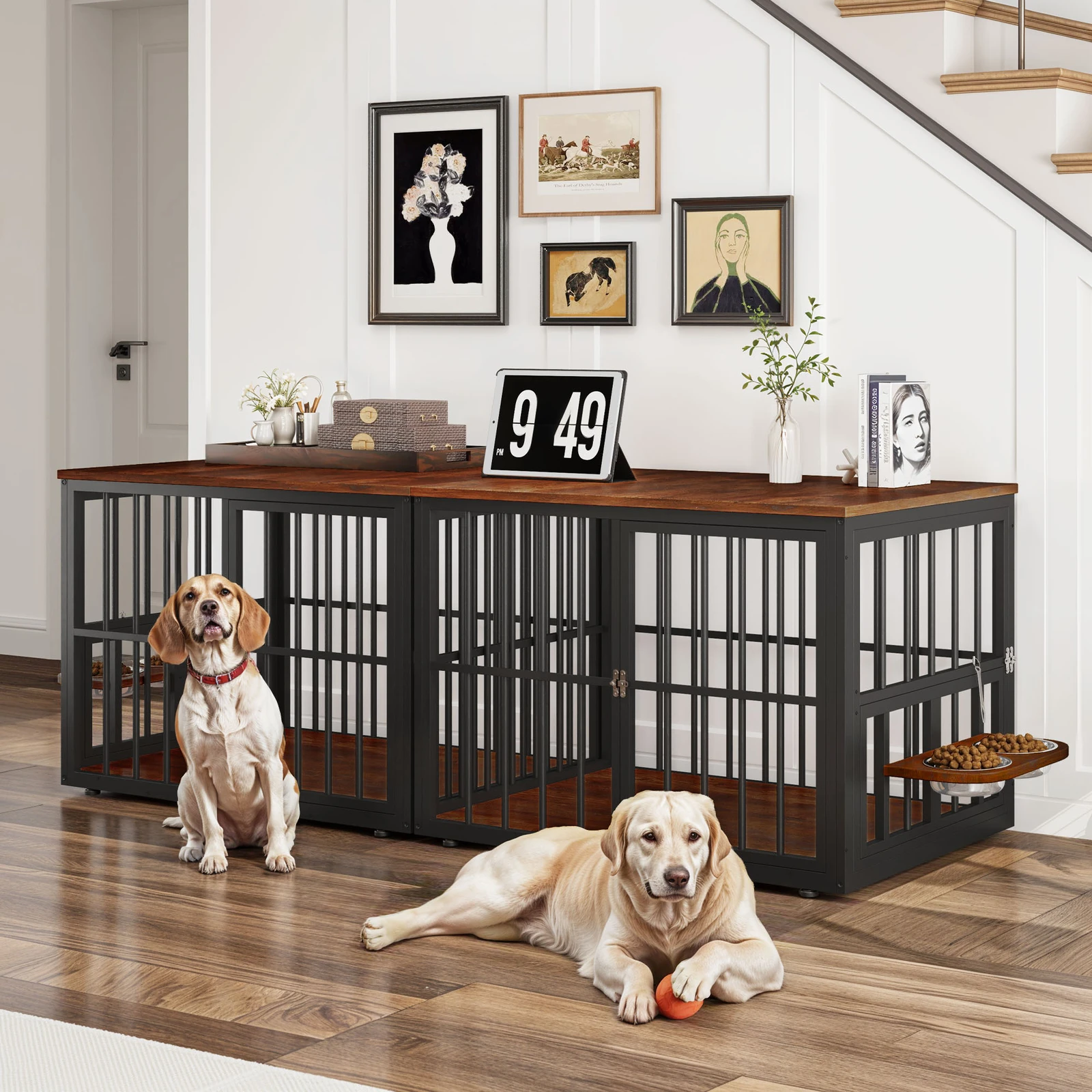 

87" Long Dog Crate Iron Pet Kennel Cage Heavy Duty Hutch Brown Side Table
