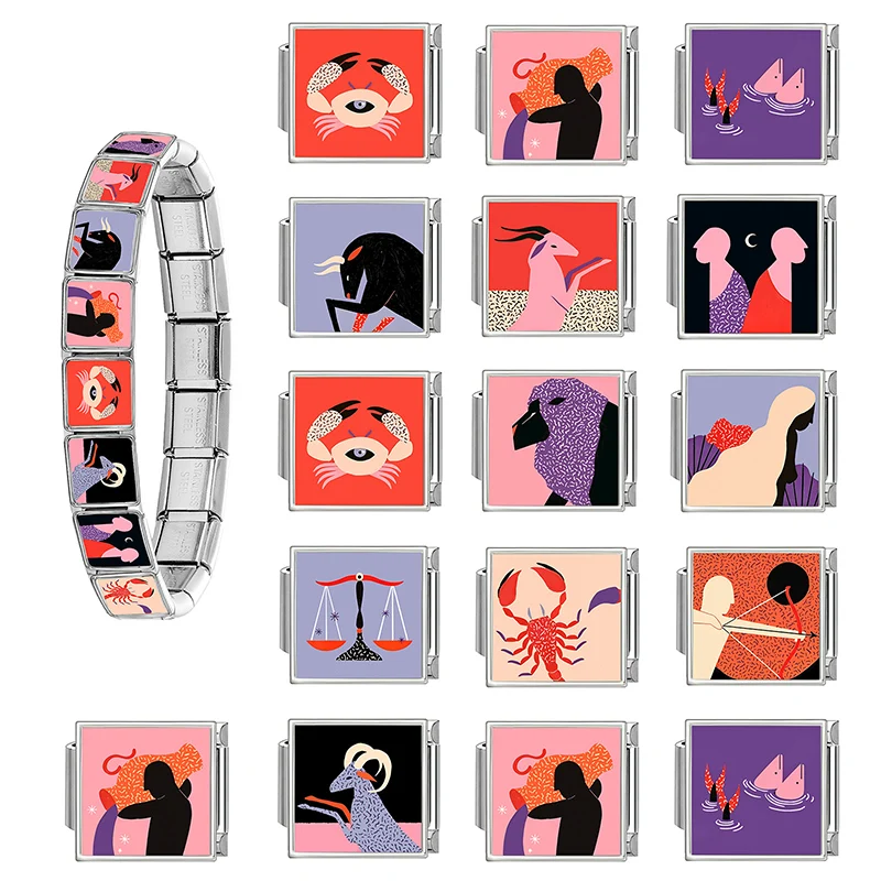 New Abstract 12 Constellations Italian Charm Link Fit 9mm Stainless Steel Bracelets Women Men DIY Making Jewelry Gifts Wholesale