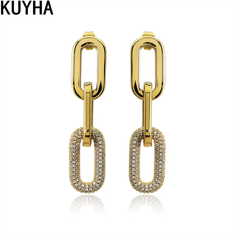 Exaggerated Stainless Steel Chain Drop Earrings for Women Crystal Link Long Dangle Earring Studs Statement Link Earrings