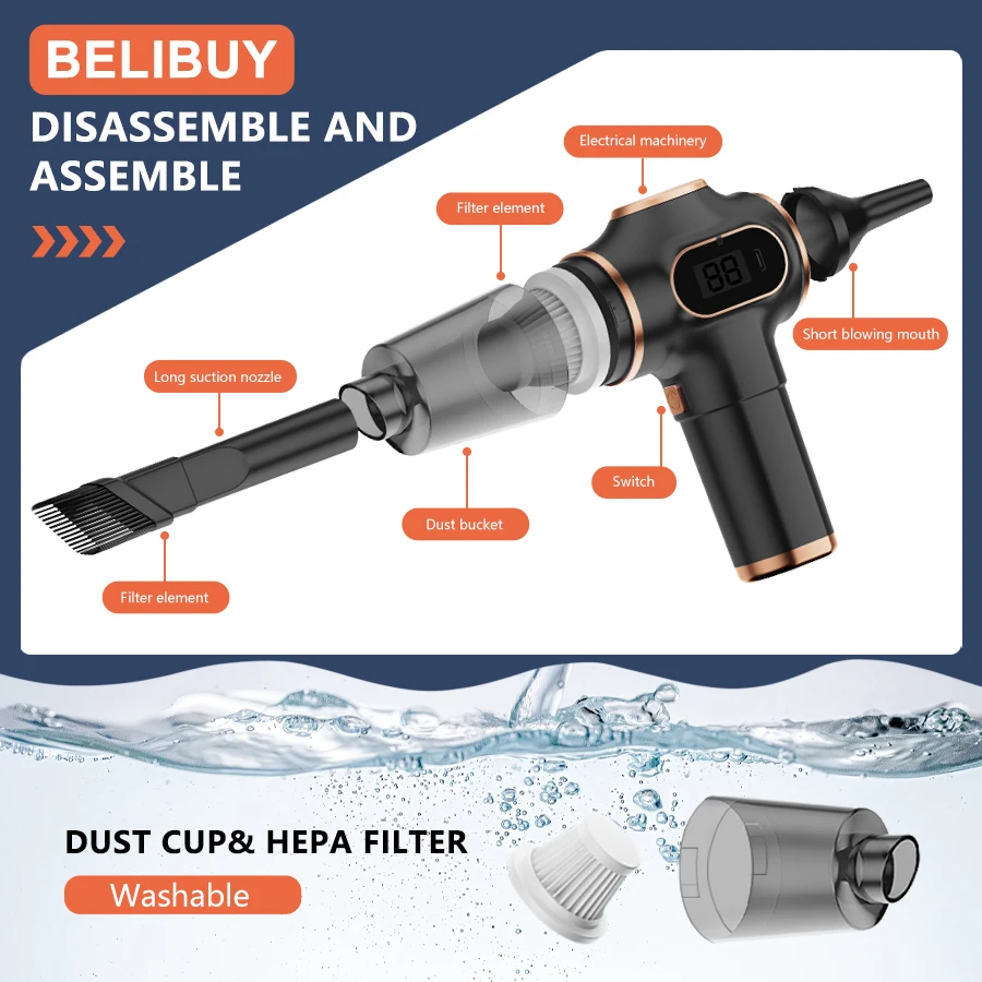 مكنسة كهربائية محمولة قوية محمولة باليد من Belibuy، عمر بطارية طويل مناسب لتنظيف السيارة والحطام المنزلي