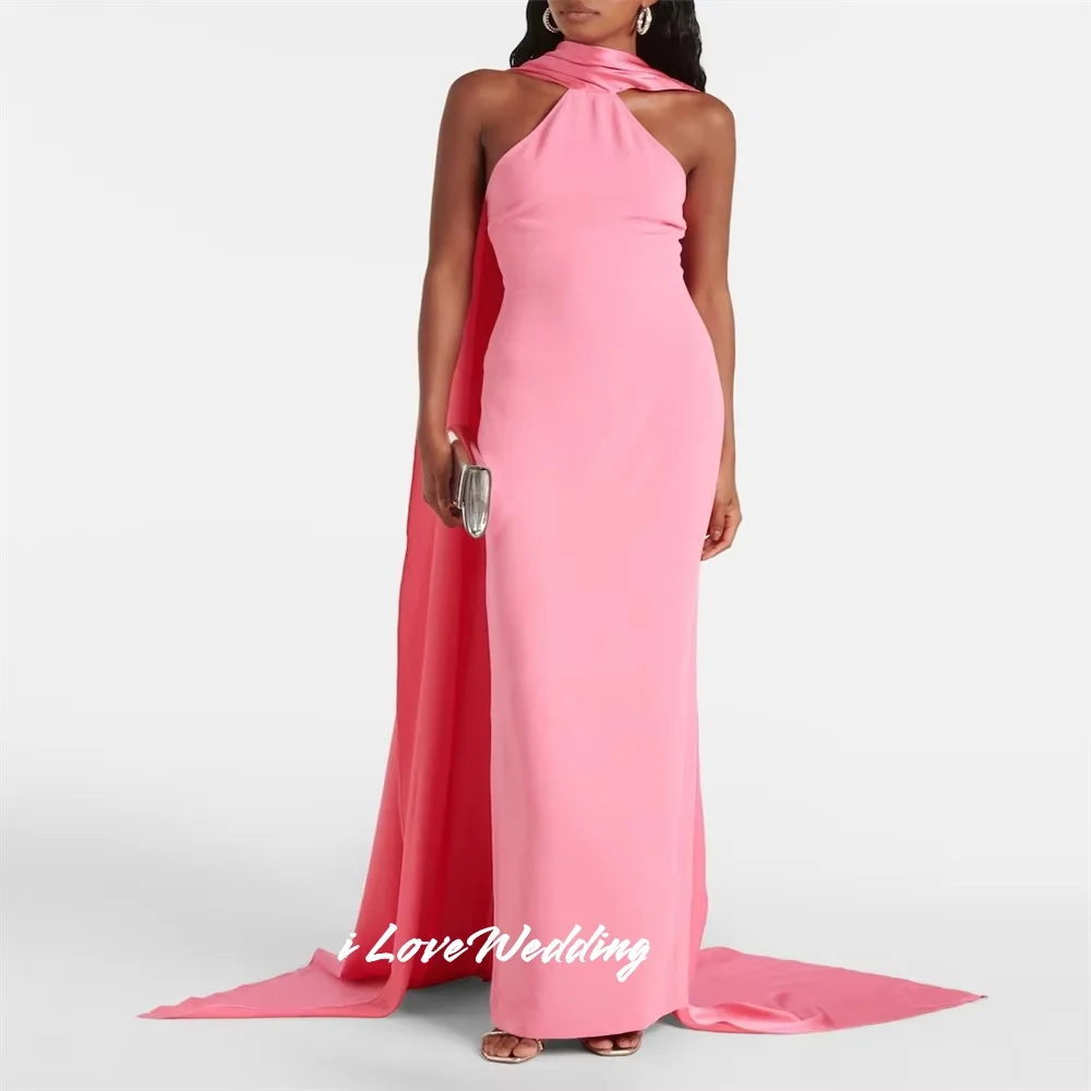 

Pink Halter Evening Dresses 2025 Sleeveless Pleated Mermaid Back Zipper Ankle-Length Sweep Train Wedding Party Dress Customized