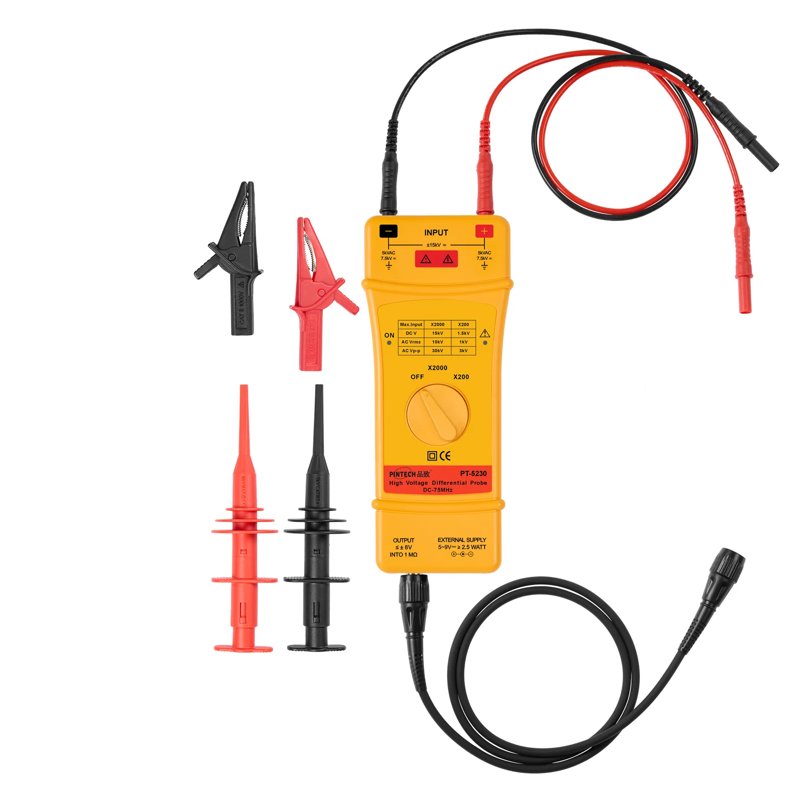 PINTECH PT-5230 High Voltage Differential Probe 30kV, 75MHz, 200X/2000X Attenuation Rate, Oscilloscope Probe Kit