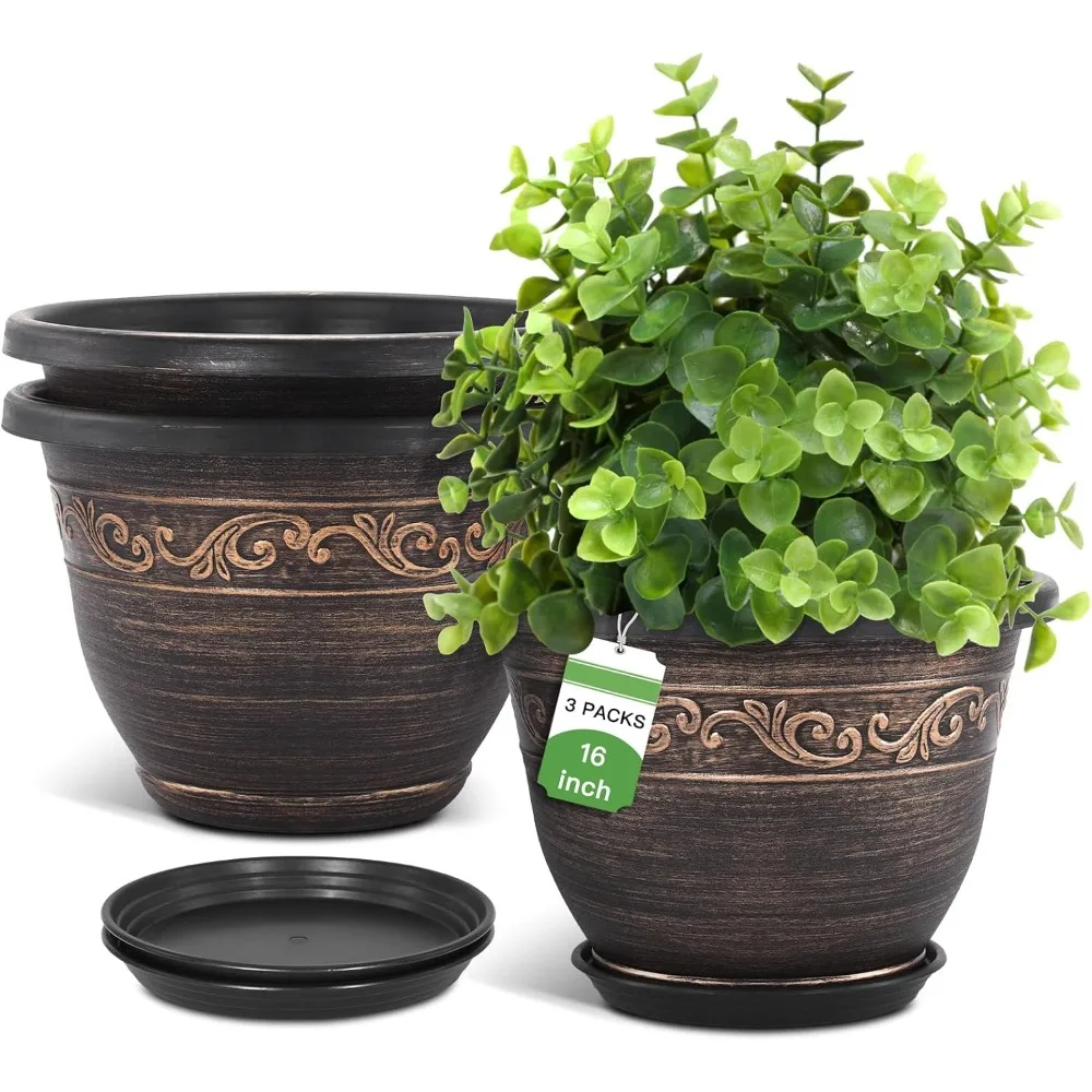 

Plastic-Plant-Flower-Planters-16 Inch with Drainage Hole & Saucer, 3 Packs Lightweight Small Resin Flower Pot Indoor Outdoor