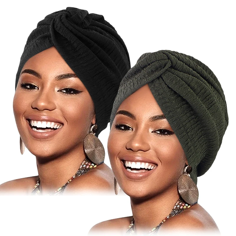 2PCS/LOT Women Pleated Twist Knot Turban Elastic Chemo Cap Hijab Bonnet Headwear Beanie Cap Hat For Cancer Hair Loss Accessories