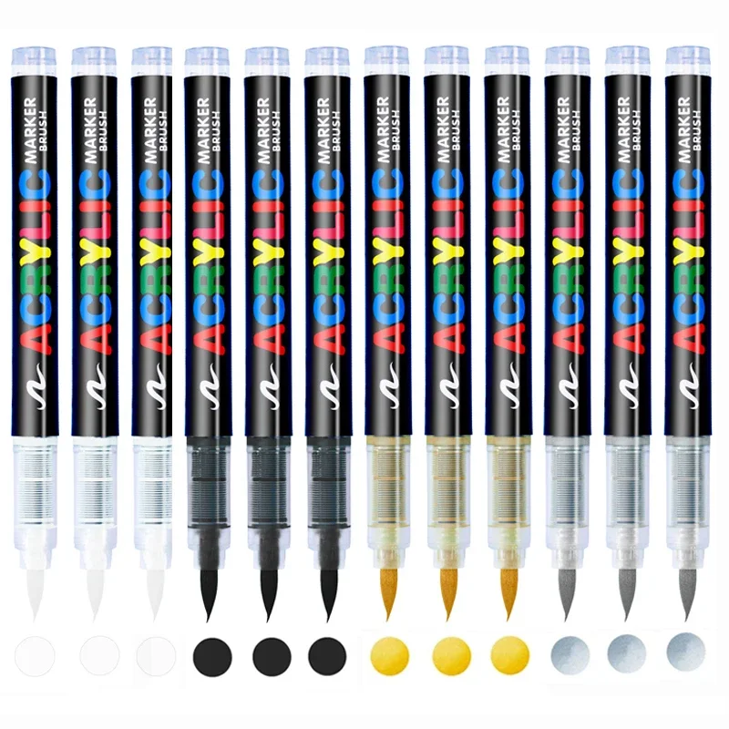 3Pcs Acrylic White Marker Brush Pens Black Paint Art Markers for Rock Painting Stone Ceramic Glass Wood Tire Fabric Metal Canvas