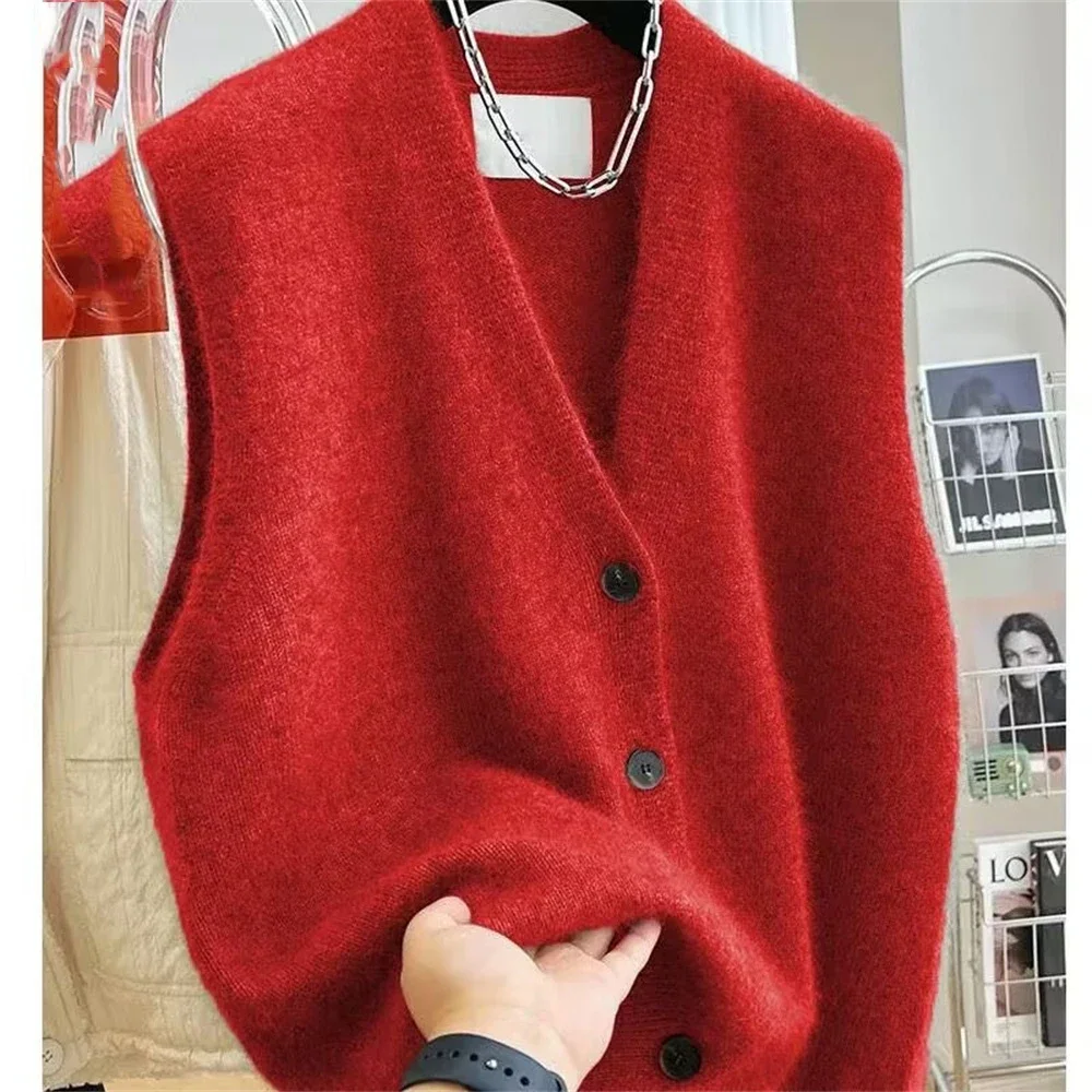 2025 nuevo suéter con cuello en V para mujer, chaleco, abrigo, cárdigan de punto sin mangas a la moda para mujer, chalecos, ropa de estilo coreano, Top