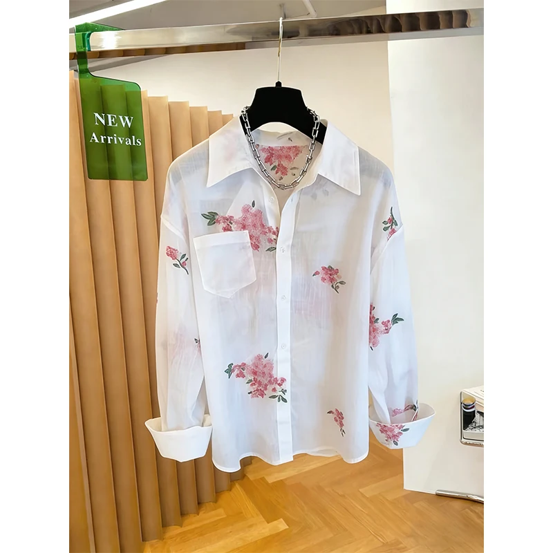 

Женская белая блузка с цветочным принтом, повседневная, с длинным рукавом, отложным воротником, нагрудным карманом, весна 2026, однобортная, в стиле пальто