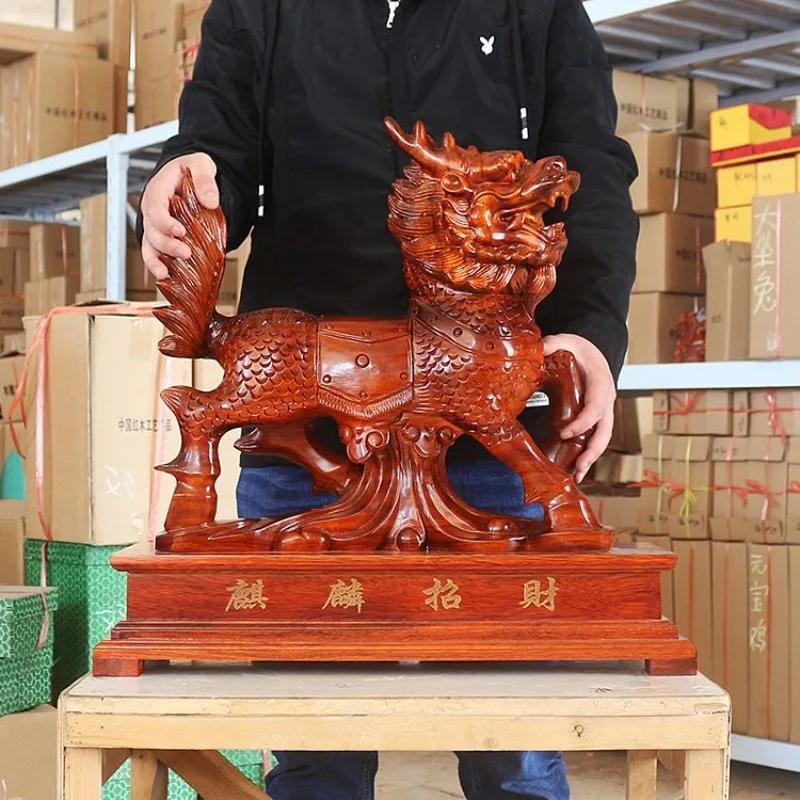Mahogany large decoration treasure unicorn pair living room wood carving unicorn ornament solid wood hand-carved