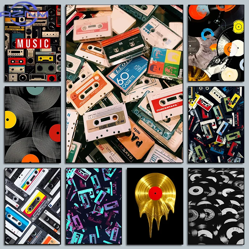 AZNM Classic Pop Golden Vinyl Record Cassette Tape Poster Music Modern Prints Canvas Painting Wall Art Picture Home Living Room