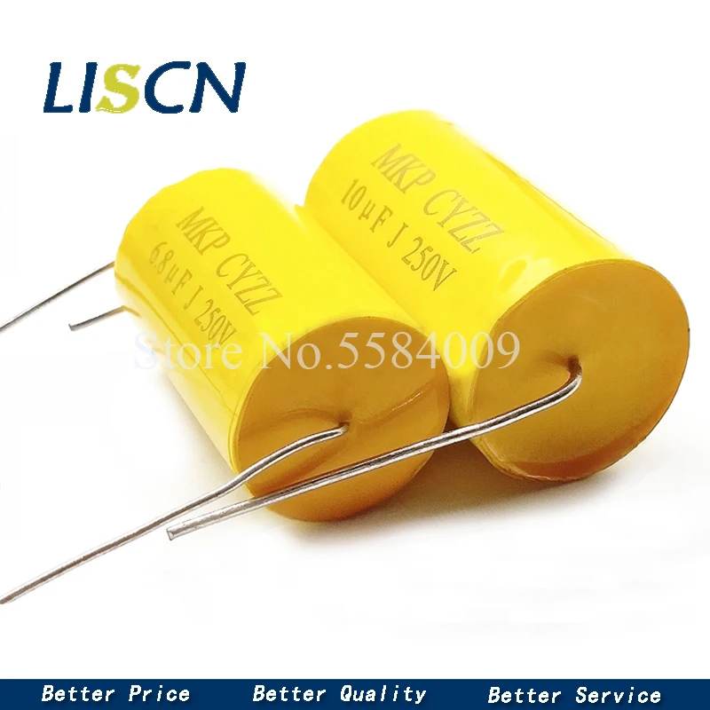 2pcs MKP yellow round axial 250v1/2.2/3.3/4.7/6.8/10uf electrodeless tweeter through capacitor