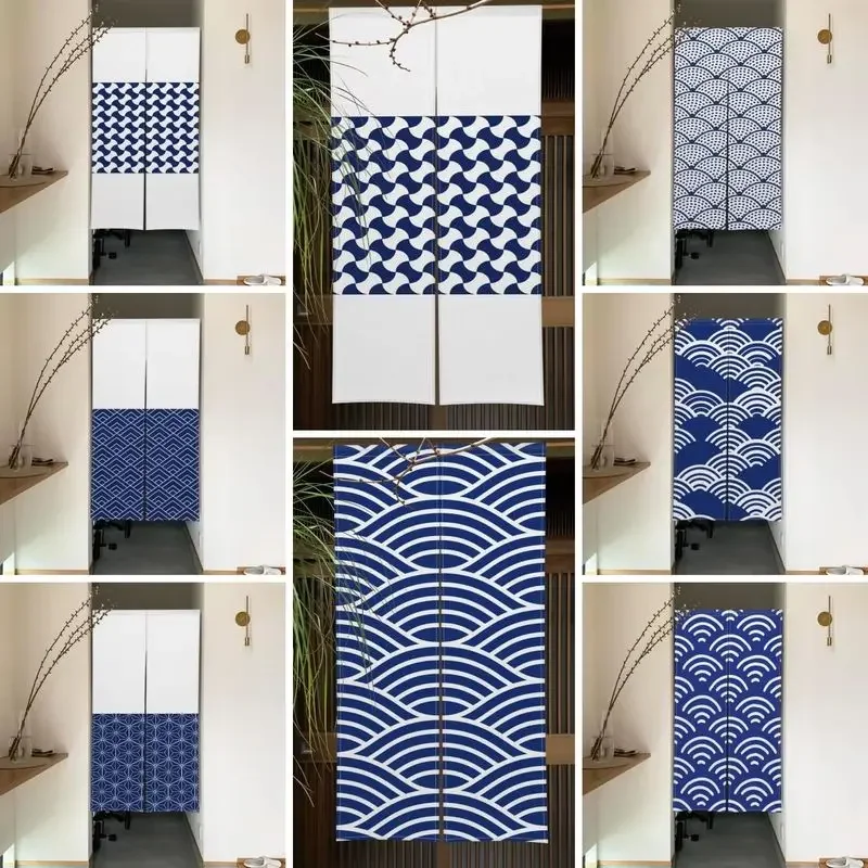 Japanese Indigo Blue White Wave Geometric Noren Door Curtain Print Half Curtain Room Divider Kitchen Bedroom Entrance