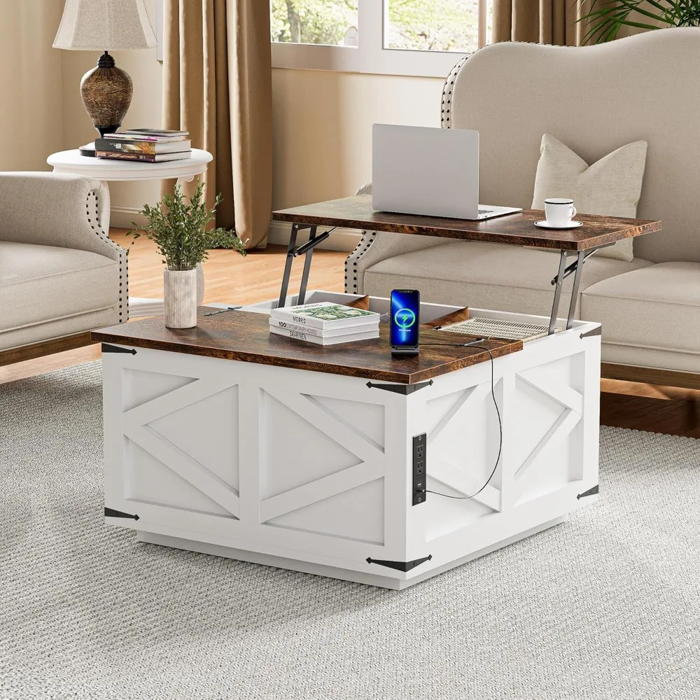 31.5 Inch White Farmhouse Style Coffee Table with Lift Top, LED Lighting, and Power Outlets, Square Storage Ottoman featuring US
