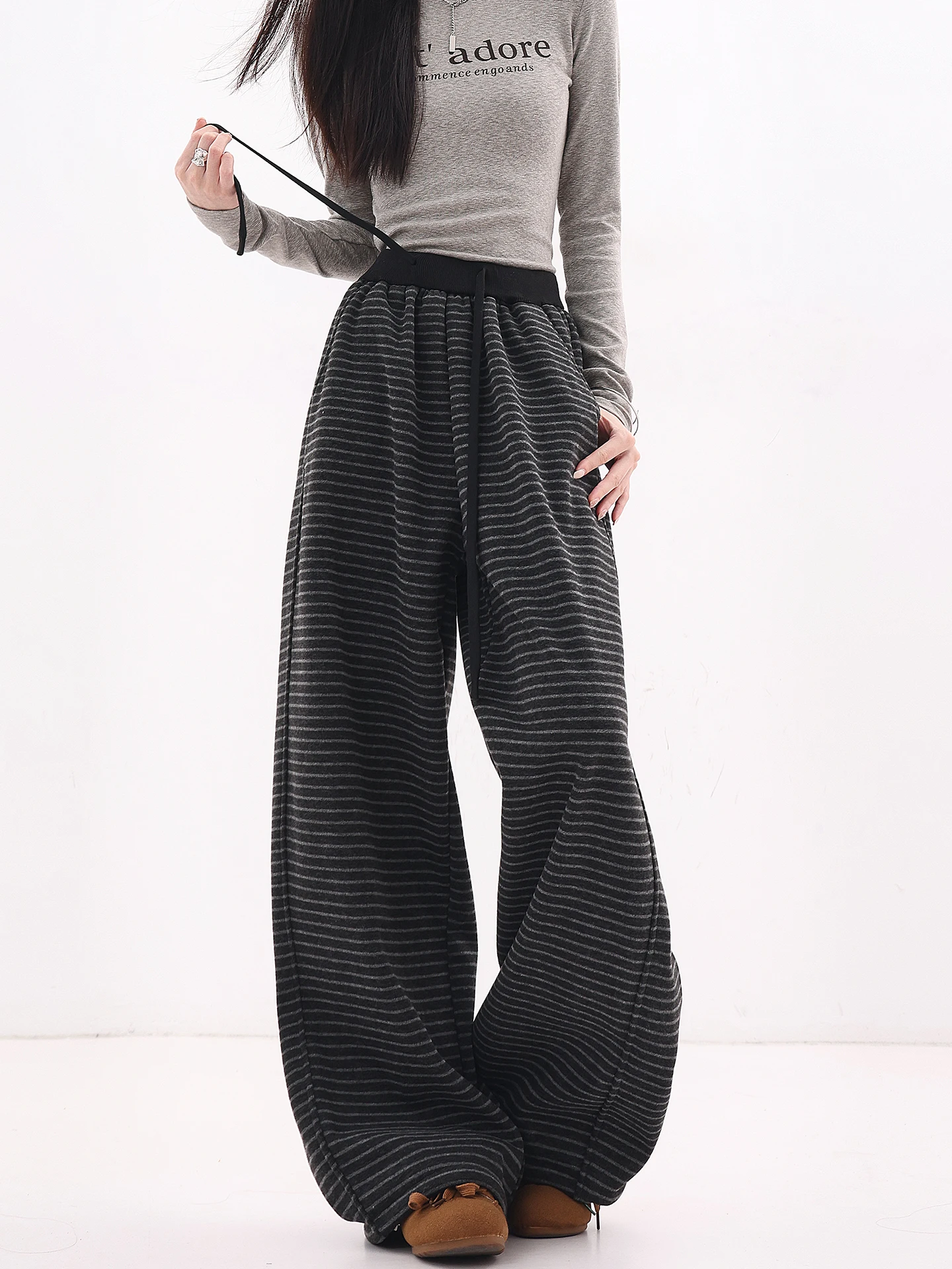 

Winter Thiened Fce Women's Casual Pants Elastic Waist Loose Wide Leg Floor-Length Trousers Color Blo Design Striped Pa...