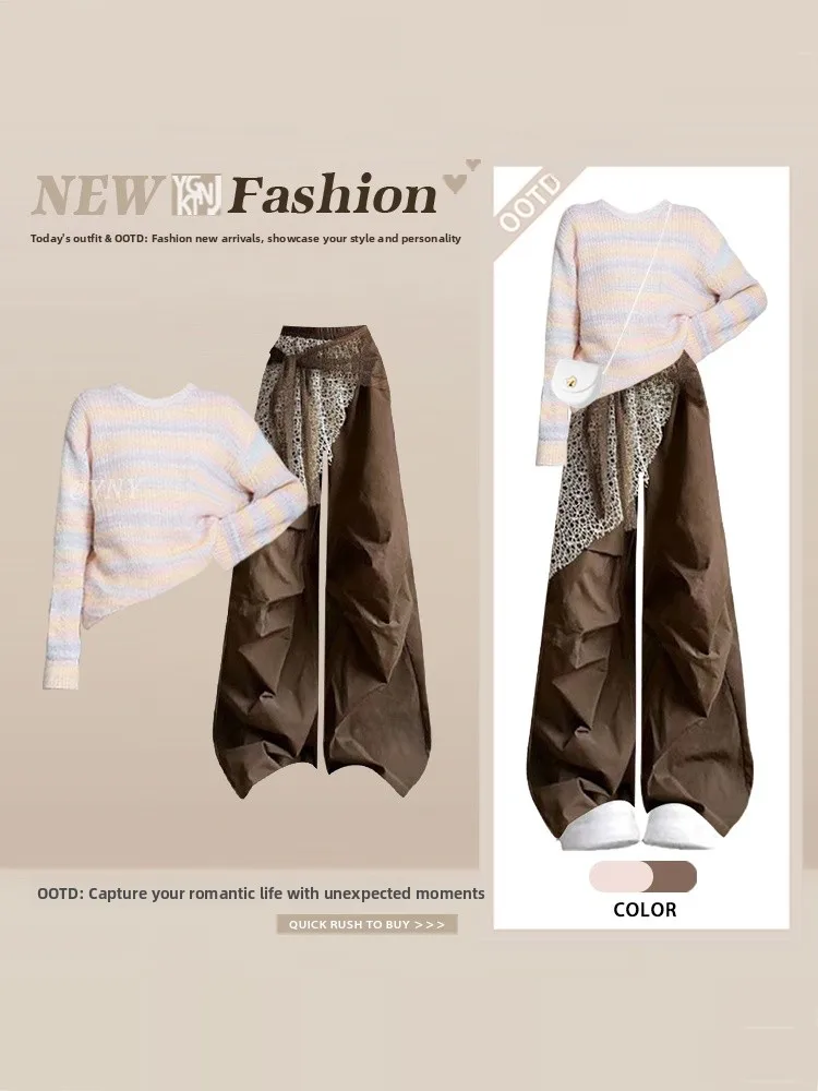 

Комплект: Женский осенне-зимний свитер с градиентными полосками, мягкий уютный вязаный топ больших размеров, шелковый шарф и брюки с широкими штанинами